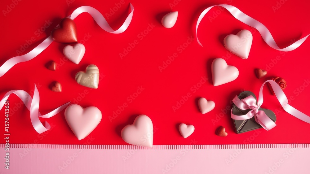 Obraz premium Valentine's day themed flat lay with heart shaped chocolates and a ribbon on a red background