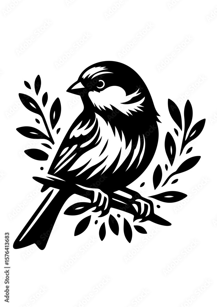 Fototapeta premium A charming sparrow perched on a leafy branch, isolated on white background