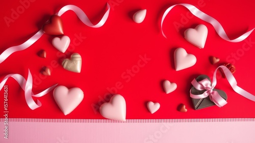 Valentine's day themed flat lay with heart shaped chocolates and a ribbon on a red background