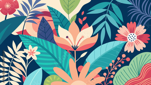Colorful tropical floral pattern with abstract leaves and flowers in bold vibrant tones on a dark background