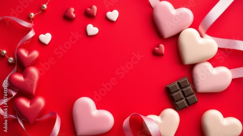 Festive valentine's day arrangement with heart shaped sweets and chocolate on a red background