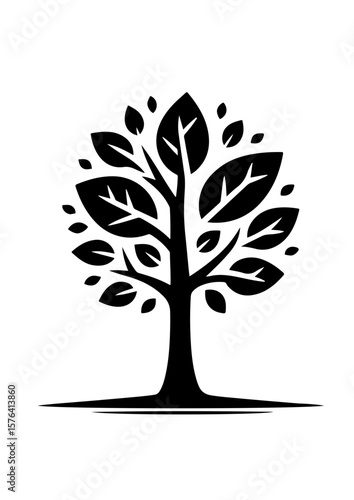 A simple tree with leaves stands tall, isolated on white background