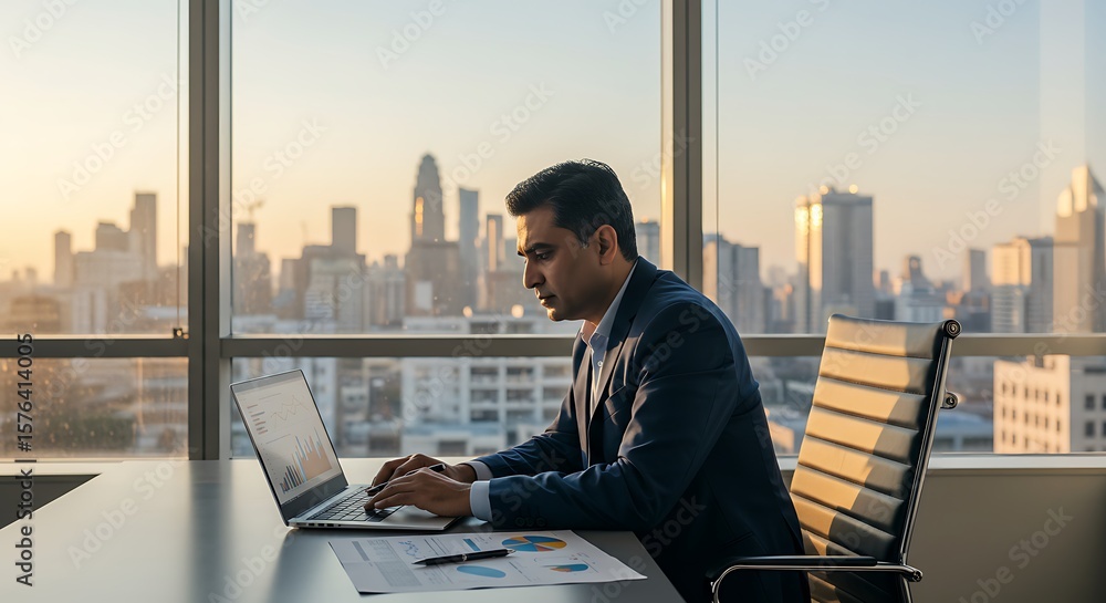 Fototapeta premium Businessman working on laptop with financial reports in modern office overlooking city skyline
