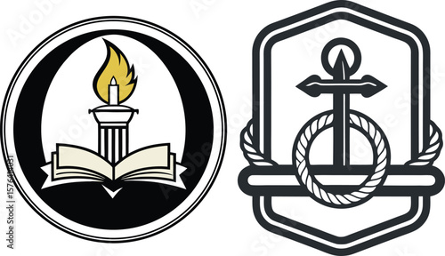 Open book with flame and pillar emblem and anchor with rope emblem logo