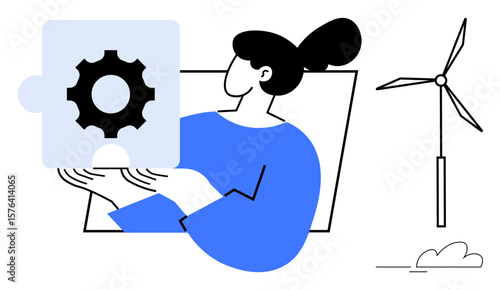 Woman holding gear puzzle piece symbolizes problem-solving, innovation, sustainability. Wind turbine in background highlights renewable energy focus. Ideal for teamwork, technology, green energy