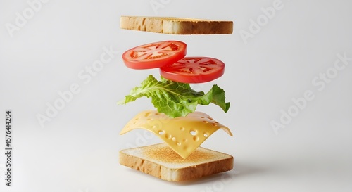 Deconstructed sandwich with floating ingredients, studio photo