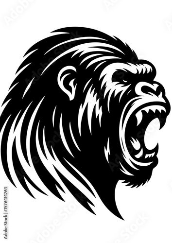 A black and white illustration of a roaring gorilla isolated on white background