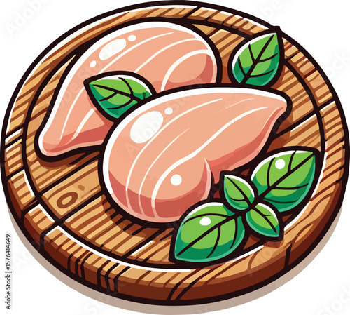 Fresh raw chicken breast fillets garnished with basil leaves on wooden cutting board