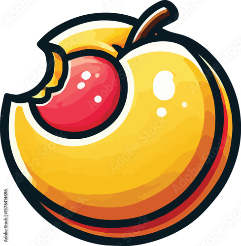 Cartoon style illustration of a partially eaten apple with vibrant colors and highlights
