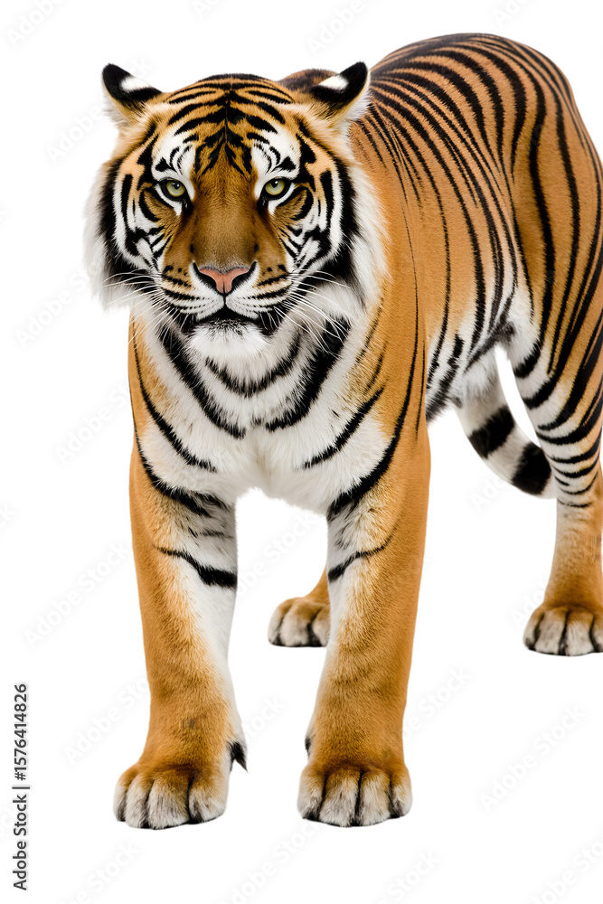 Fototapeta premium Majestic Bengal Tiger Prowling Forward on a Clean White Background, Capturing its Powerful Presence and Striking Orange and Black Stripes in High Detail