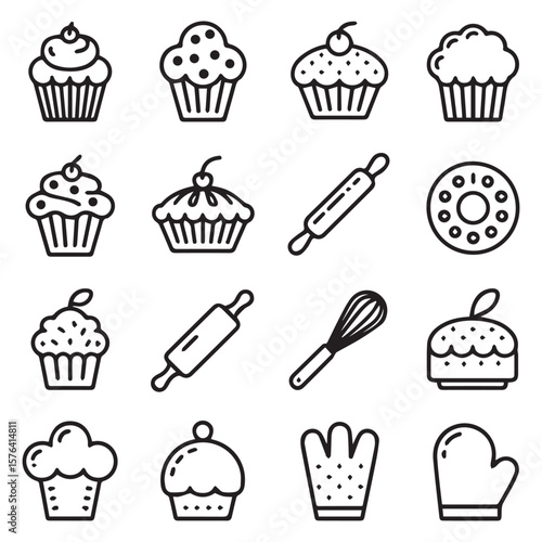 An assortment of baking icons featuring cupcakes, a rolling pin, whisk, and oven mitts arranged neatly