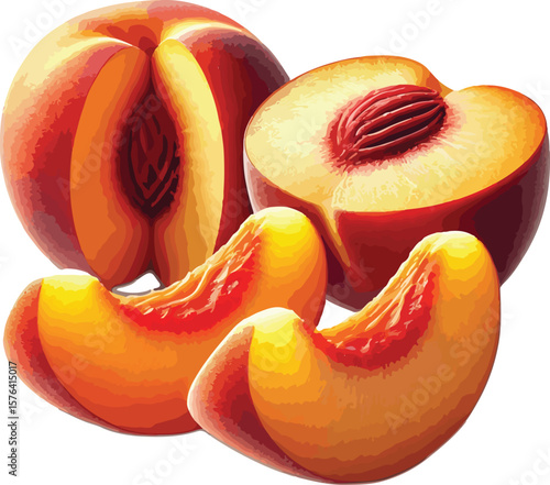 Delicious fresh peaches including whole half and slices for healthy eating and nutrition