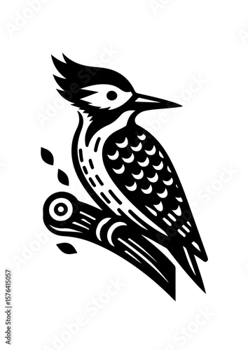 A black and white woodpecker perches on a branch isolated on white background