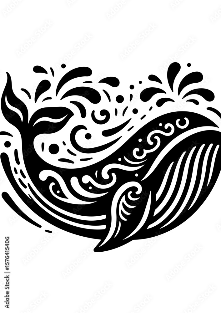 Fototapeta premium A black and white whale swims in the ocean, isolated on white background