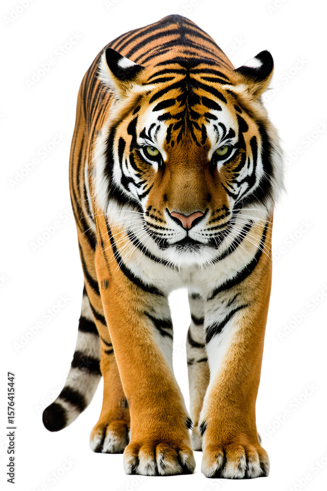Obraz premium A majestic tiger walking forward with a powerful and intense stare directly at the camera, isolated on a clean white background for easy use