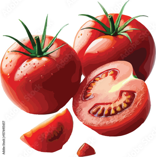 Freshly picked ripe tomatoes displayed with a sectioned tomato on a white background