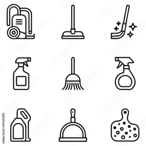 A comprehensive set of cleaning icons, featuring essential tools like vacuums, mops, brooms, and spray bottles for a spotless home