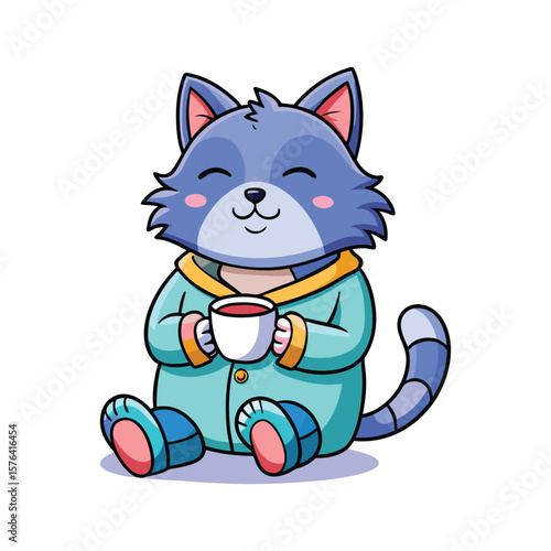 Sleepy Cat Relaxing with Hot Drink and Fluffy Slippers. Cozy Feline Vector Illustration on White Background for Cute, Comfy, and Lazy Day Designs.