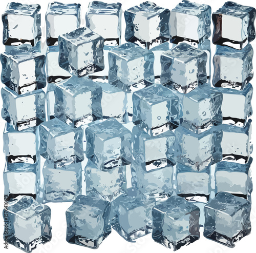 A stacked arrangement of transparent ice cubes for refreshment and cooling beverages