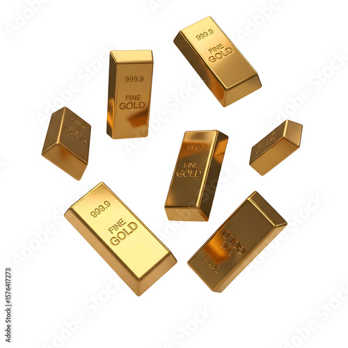 3D Style Icon single image transparant background of several gold bars or ingots floating in a circle pattern