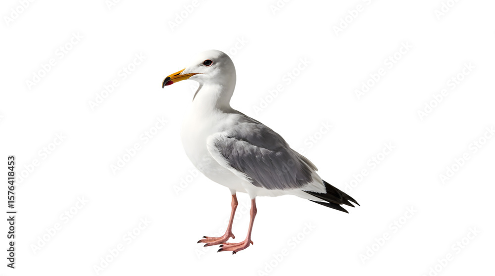 Fototapeta premium White and grey seagull, isolated with vibrant orange beak and red legs, standing on a clean background, perfectly representing coastal avian beauty and freedom