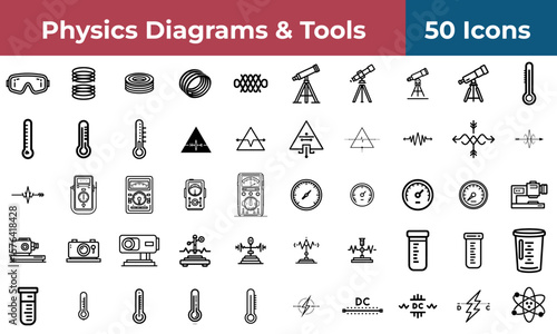 Collection of physics diagrams and tools icons including telescopes thermometers and electrical symbols shown