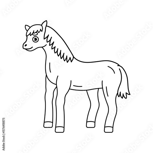  Black and white illustration of foal isolated on white background. Outline drawing for kids coloring book
