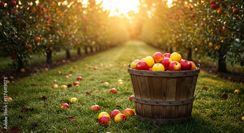 Basket of ripe apples in an orchard at sunset