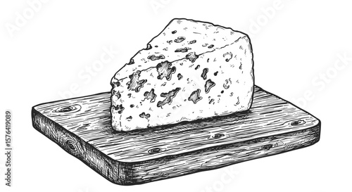 Ink sketch of blue cheese on a wooden board, black and white doodle-style illustration