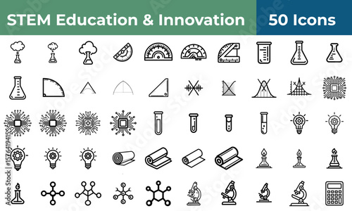 A collection of fifty stem education and innovation line icons displayed on a white background surface