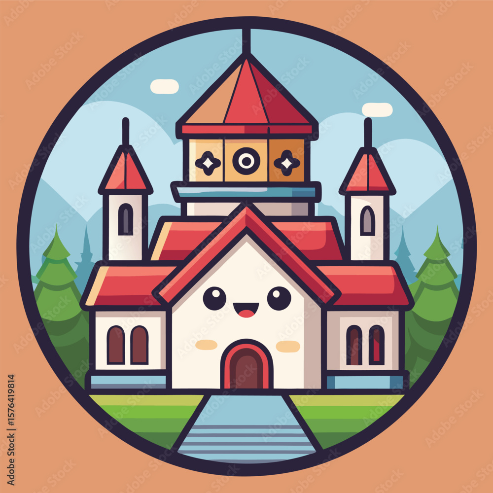 Naklejka premium Cute cartoon church in a circular landscape