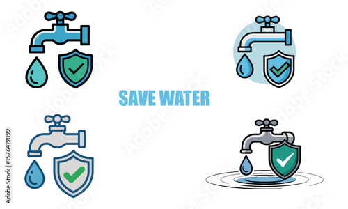 Water conservation concept with faucet icons and water drops promoting save water message
