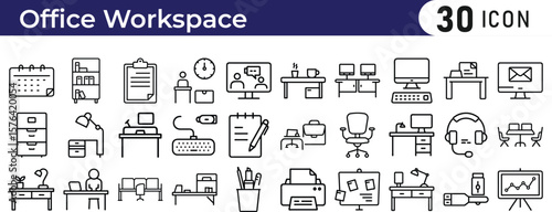 Office Workspace icon set. Outline icon set of workspace and equipment, office desk, laptop, printer, file cabinet, coffee mug, office