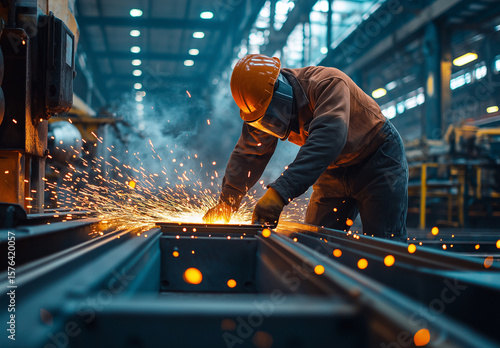 AI generator image of Welders work together on large industrial metal fabrication projects. Skilled industrial worker working at factory and making a fire spark aig and Workers operating heavy machine