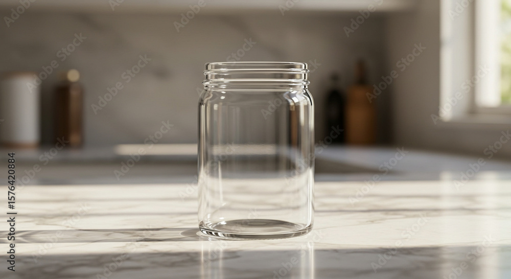 Clear glass jar sitting on a marble countertop in natural light Clear glass jar sitting on a marble countertop in natural light