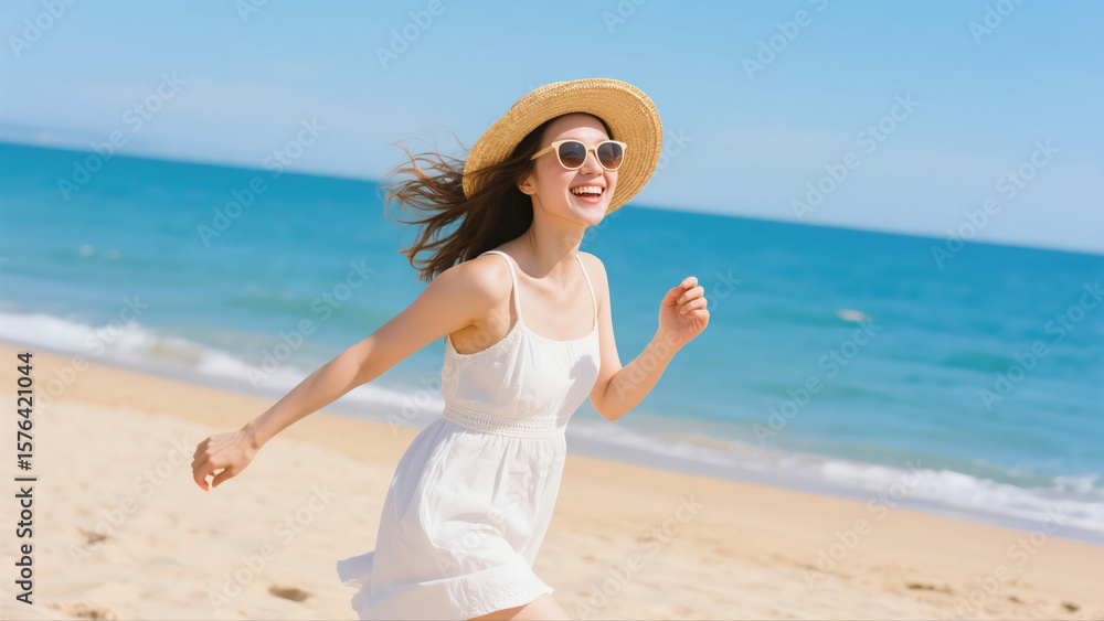 A girl walks on the beach on a clear summer day A girl walks on the beach on a clear summer day