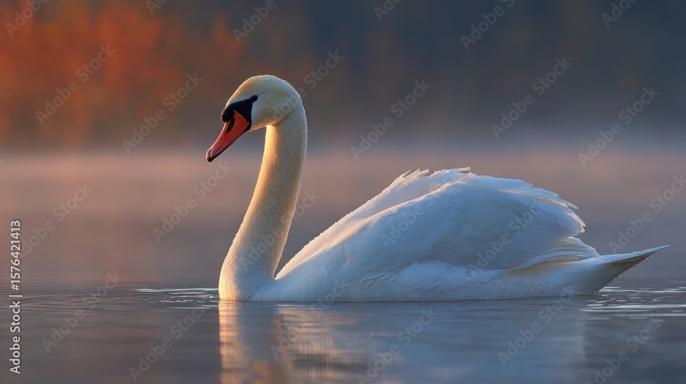 Obraz premium Elegant white swan gliding on calm water du sunrise with mist and colorful background