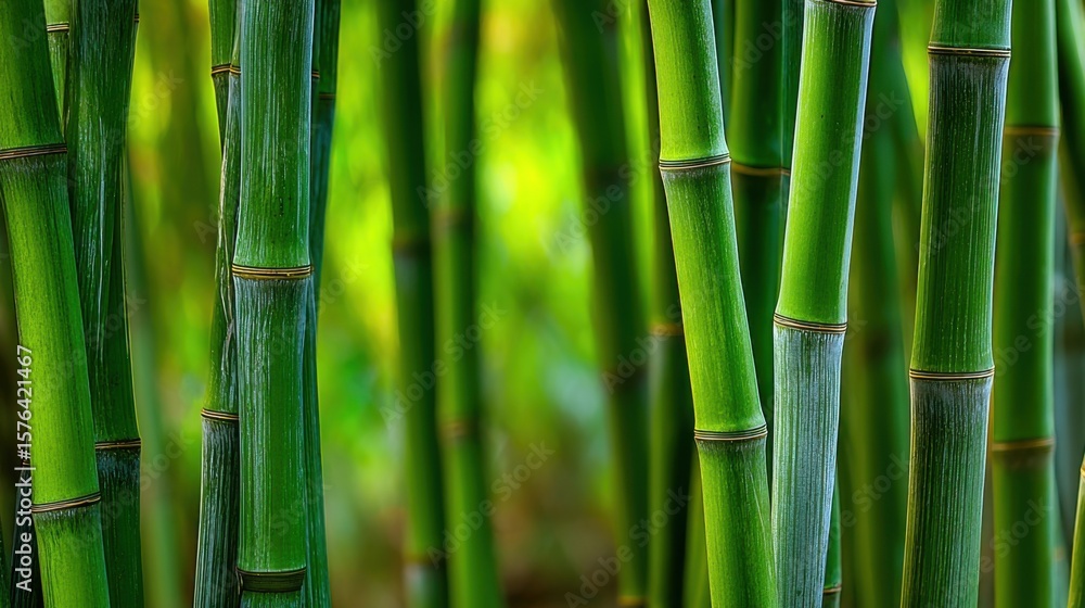 Fototapeta premium Close-up of vibrant green bamboo stalks growing in a lush dense jungle environment.