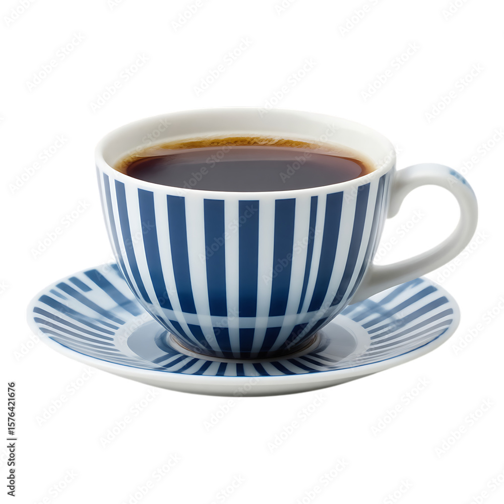 Fototapeta premium Coffee Cup with Saucer, Blue and White Stripes, Isolated