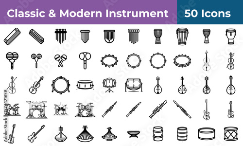 Collection of fifty musical instrument icons including string percussion and wind instruments in black and white