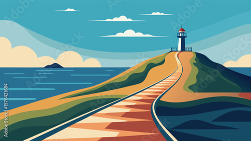 A beautiful illustration of a lighthouse on a hilltop path with the ocean and sky in minimalist landscape style