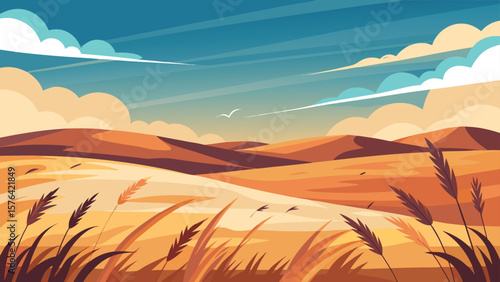 A minimalist landscape illustration featuring rolling sand dunes and a blue sky with clouds depicting the beauty of the desert