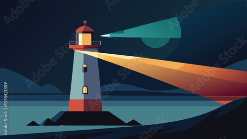 A minimalist landscape depicting a lighthouse guiding ships at night with beaming light across the water, illustration