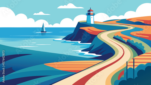 A minimalist landscape illustration of a lighthouse on a coastal cliff with a winding road and a sailing boat in the ocean