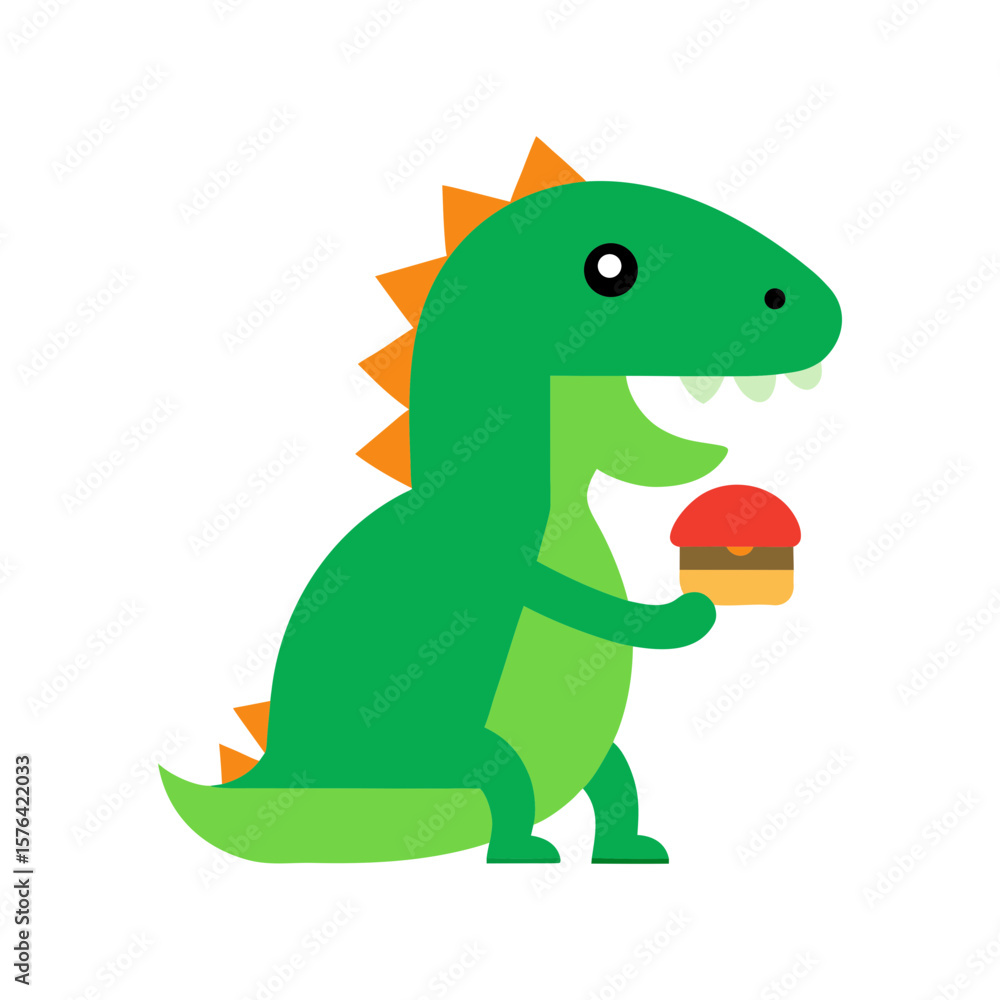 Obraz premium Dinosaur enjoying a burger in funny cartoon art Line Art Vector illustration