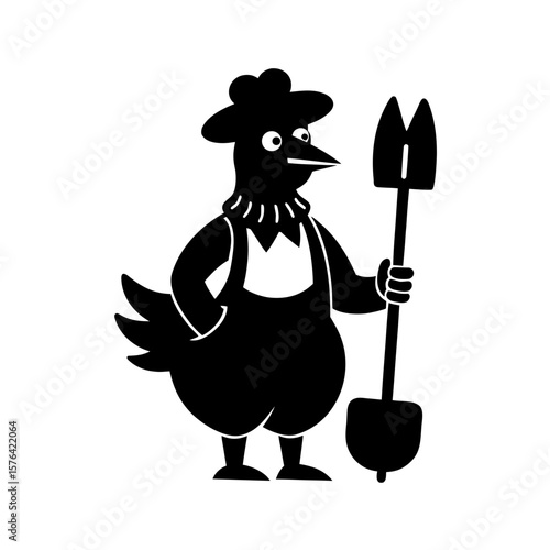 Cartoon chicken farmer with tool ready to work Line Art Vector illustration
