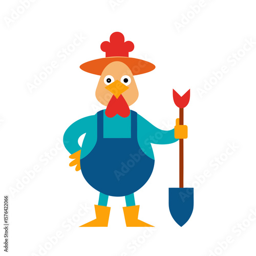 Farm chicken character standing with shovel Line Art Vector illustration