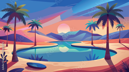 A serene sunset over a tropical oasis featuring palm trees a tranquil pool and a minimalist landscape in a vibrant color palette