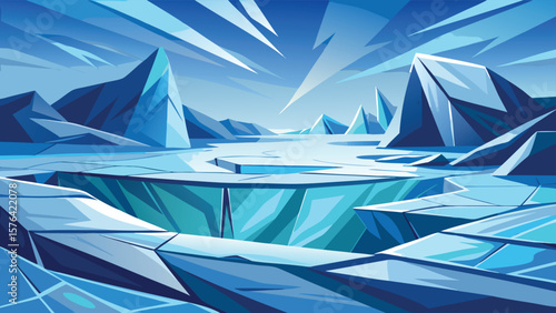 A striking minimalist landscape depicting an icy world with geometric icebergs and frozen terrain under a clear blue sky