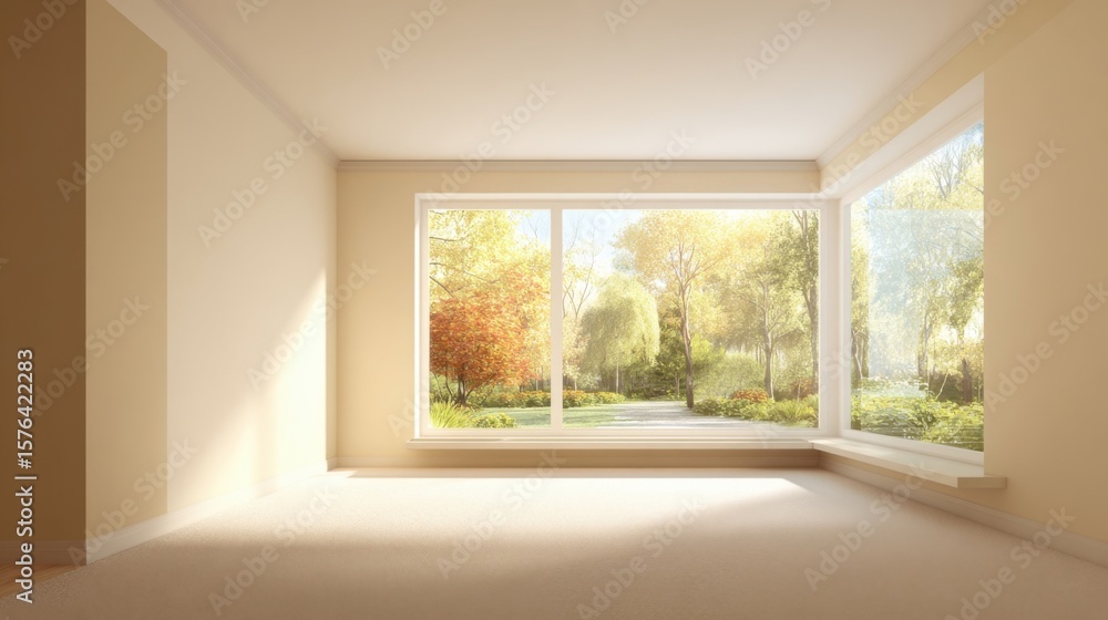 Fototapeta premium Bright empty room with large window overlooking lush garden and sunlight.